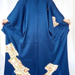 Vintage Blue Silk Kimono Robe: Phoenix & Paulownia, Wabi-Sabi Japan
