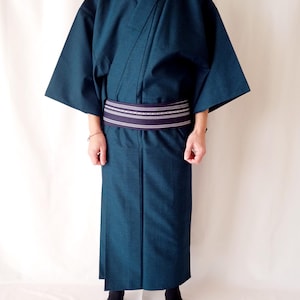 Kimono japonés de lana azul verdoso: bata vintage para hombre – Motivo cuadrado tejido – Talla M