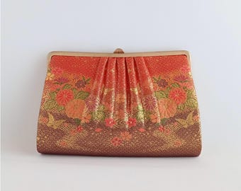 Vintage Silk Obi Clutch: Japanese Kimono Bag with Chrysanthemum Motif