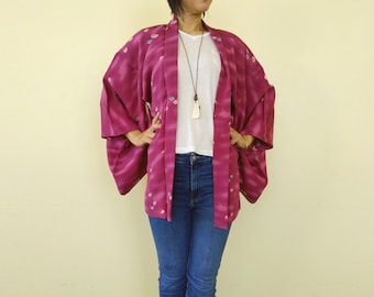 Vintage Silk Haori Jacket: Reddish Purple Kimono Cardigan, Japanese M