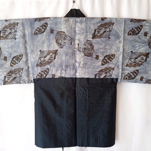 Vintage Oshima Tsumugi Silk Haori Jacket: Edo Pottery & Calligraphy, Men&#39;s Size L