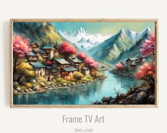 Samsung Frame TV Art, Digital Illustration of Small Village in the Mountains, TV Wall Art, Digital Download