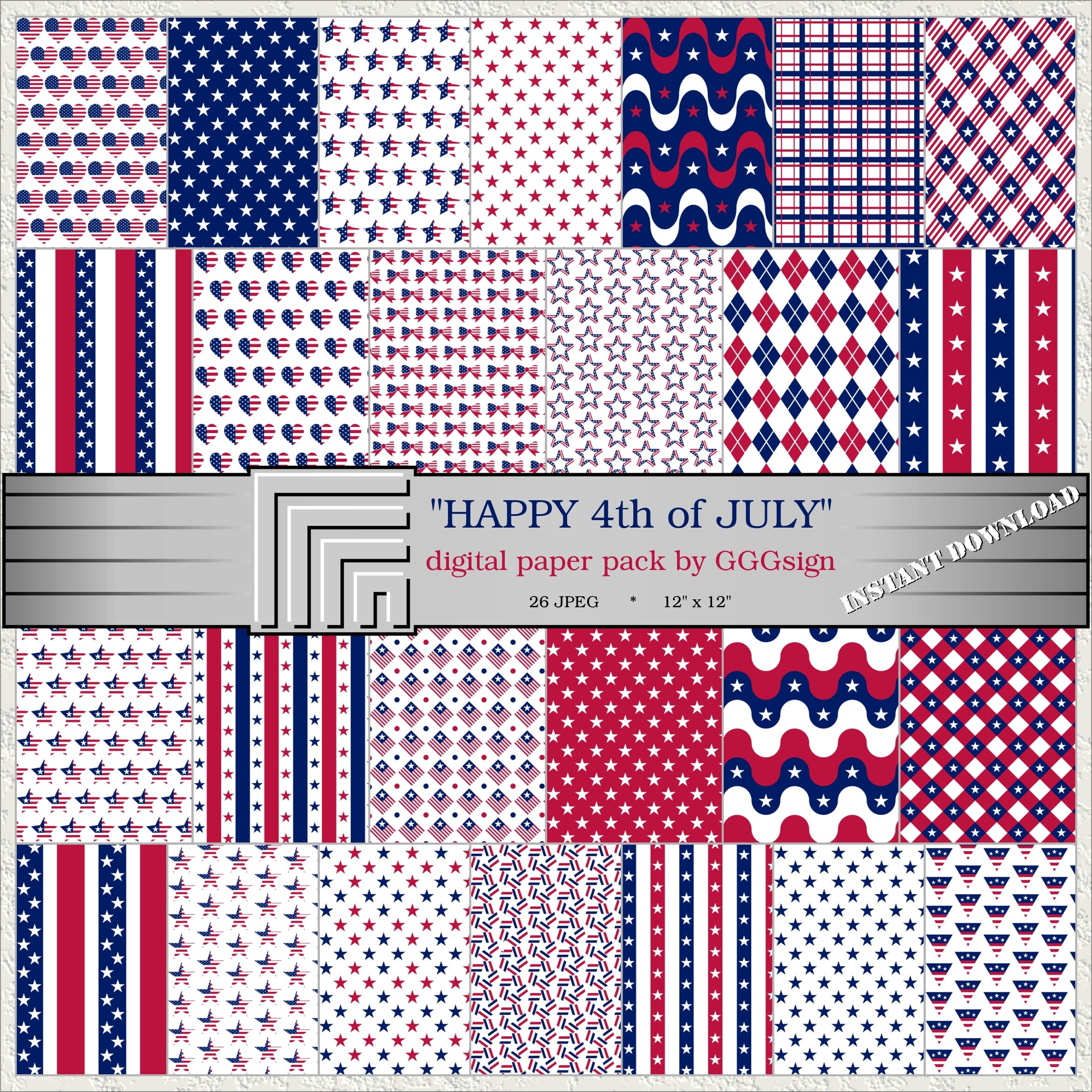 4th of July Digital Paper Pack INSTANT DOWNLOAD Printable Scrapbook