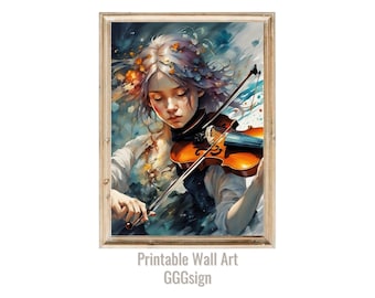 The girl plays the violin Wall Art, Art For Print, Digital Watercolor Illustration Wall Art, Digital Download
