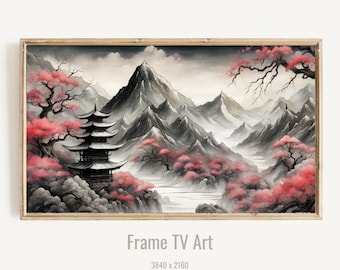 Samsung Frame TV Art, Ilustración digital de montañas místicas japonesas, TV Wall Art, Descarga digital
