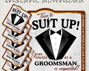 Instant Download DIY Printable Beer Labels SUIT UP Groomsman - Best Man - Ring Bearer - Fathers of the Groom & Bride - Usher Gift Wedding