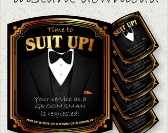 Instant Download DIY Printable Beer Labels SUIT UP  Groomsman - Best Man - Ring Bearer - Fathers of the Groom & Bride - Usher Gift Wedding