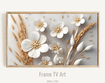 Samsung Frame TV Art, White Flowers and Dry Branches of Wheat, WildFlower Meadow, Art For Frame Tv, Digital Download Frame TV Art | TV33