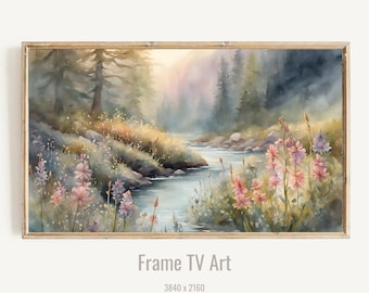 Samsung Frame TV Art, Digital Watercolor Illustration of Mountain River, Wildflowers and Butterflies, TV Wall Art, Digital Download