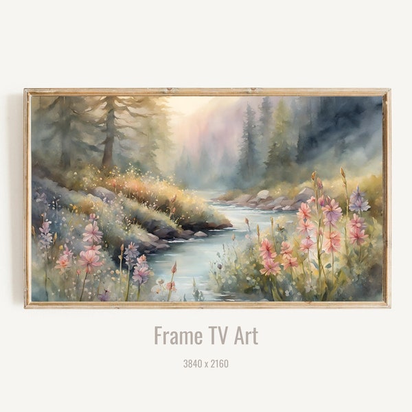 Samsung Frame TV Art, Digital Watercolor Illustration of Mountain River, Wildflowers and Butterflies, TV Wall Art, Digital Download