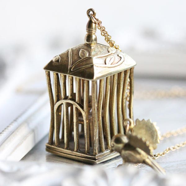 Birdcage Necklace / Golden Birdcage Charm / Everyday Jewelry / Linen Jewelry