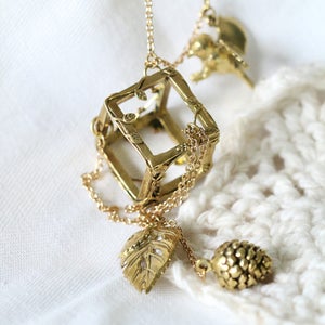 Square Leaf Pinecone and Bird Necklace / Handmade Necklace / Linen Jewelry / Everyday Necklace