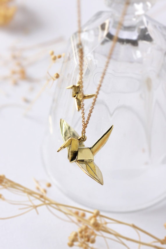 Two origami Birds necklace,origami pendant,brass origami necklace,birds origami necklace,gold birds origami necklace,birds origami jewelry