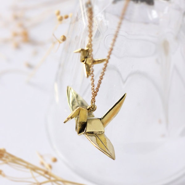 Two origami Birds necklace,origami pendant,brass origami necklace,birds origami necklace,gold birds origami necklace,birds origami jewelry