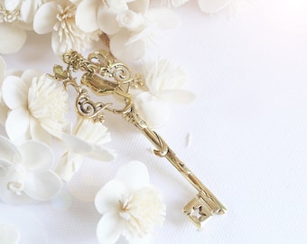 Puede incluir: Una llave adornada de color dorado con un diseño floral decorativo, rodeada de flores secas blancas.