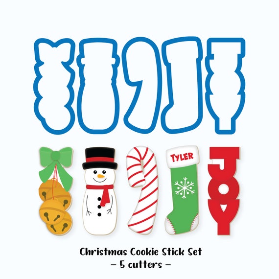 Christmas Cookie Cutters | Christmas Cookie Stick Cutter Set | Jingle Bells, Snowman, Candy Cane, Stocking, JOY