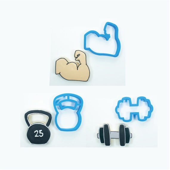 Weight Lifting Cookie Cutters | Weight Lifting Cookie Cutter Set - Kettlebell, Barbell, and Bicep Cookie Cutters | Frosted Cutters Il_570xn