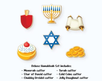 Hanukkah Cookie Cutters, Menorah, Star of David, Dreidel, Jelly Doughnut, Torah, Gold Coins, Hanukkah Cookie Cutter Set
