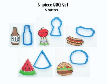 Summer Cookie Cutters | BBQ Cookie Cutter Set, Grill, Beer Bottle, Hamburger, Hot Dog, Watermelon Slice, Cookout, Picnic, Barbecue, Birthday