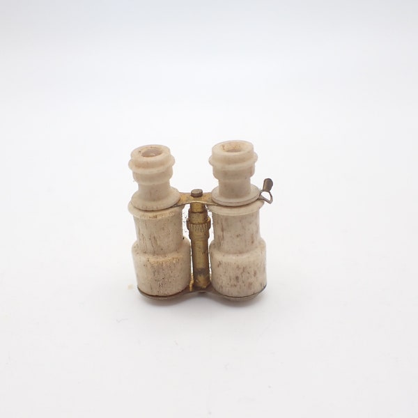 Victorian Antique Double Stanhope Peep Miniature Binoculars Pendant Charm Bovine Ox Bone Souvenir Paris