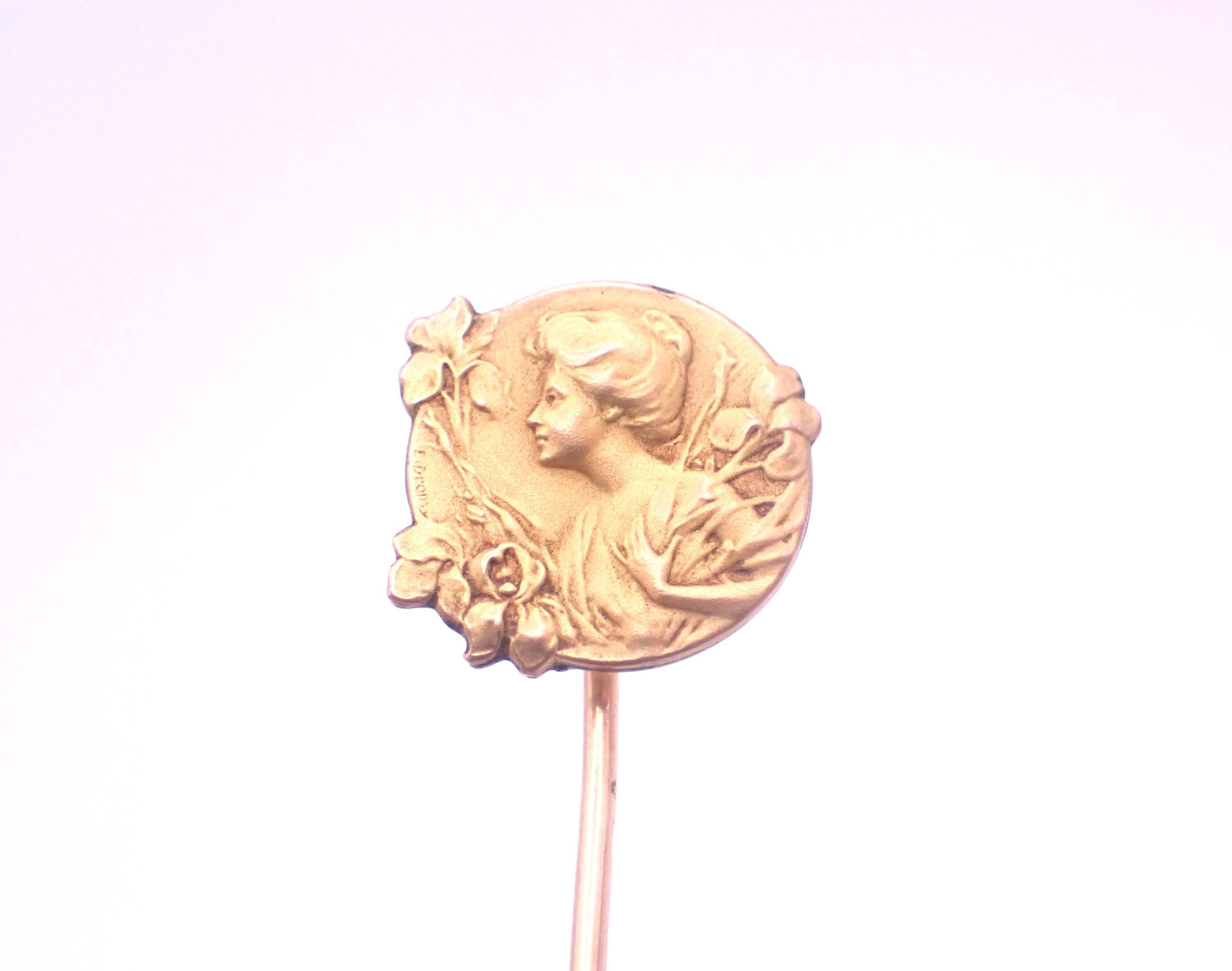 Épingle à Cheveux Ancienne Plaqué Or Style Art Nouveau - Signée SAVARD, Avec Éclats De Diamants, Occasion