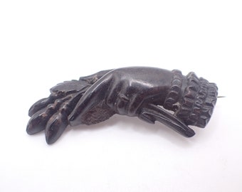 Antique Victorian Mourning Jewellery Bois Durci Vulcanite Hand Holding Corn Wheat Sheaf Brooch Pin