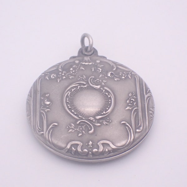 Antique Art Nouveau Slider Double Mirror Pendant Locket French Silver Hallmark Musical Instruments Swags and Flowers