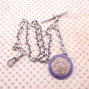 Antique English Sterling Silver Albert Pocket Watch Chain With T-Bar And Enameled Fob Lion Mark
