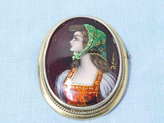 Large Antique Limoges Enamel Brooch Pin Plaque Pic