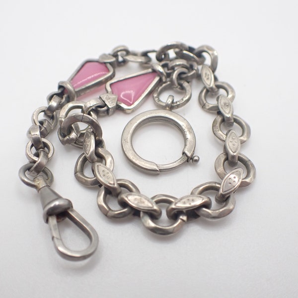 Vintage Art Deco Albert Pocket Watch Chain Bracelet Fancy Links French Pink Stone Set Nickel Plated