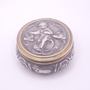 Antique Pill Snuff Trinket Box Top Silver Plate Brass Cherub Dove