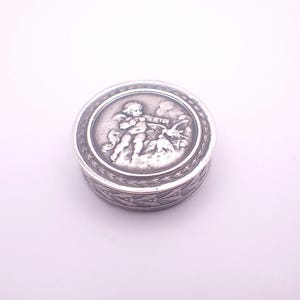 Antique Victorian Silver Pill Table Pocket Snuff Box Putti Cherub Decoration French Minerva Mark by Henin & Cie