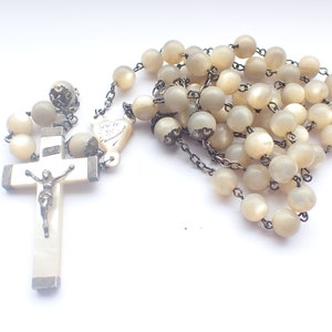 Rosary Mother Of Pearl Prayer Beads Silver Cross Crucifix Holy Communion Antique Religious Chaplet