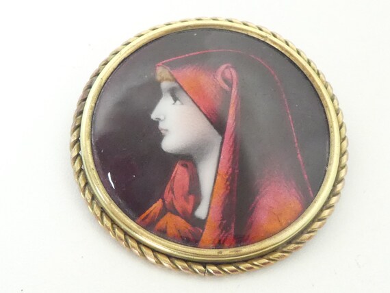 Large Antique Limoges Enamel Brooch Pin Plaque Pic