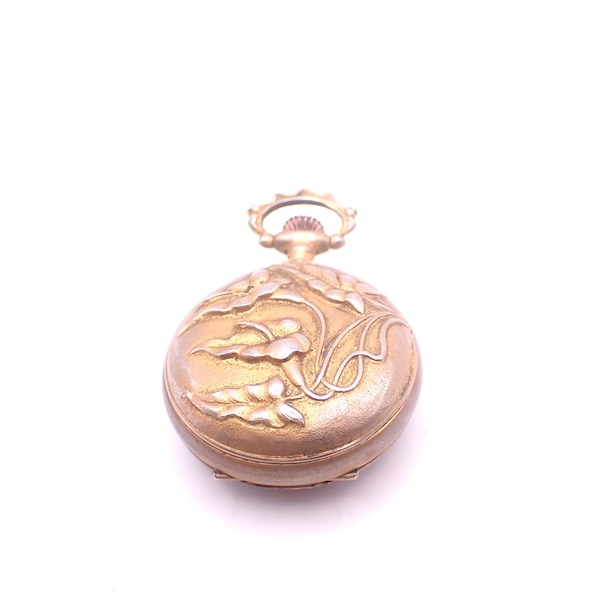Étui de montre Sovereign antique, porte-monnaie, gousset de montre de poche en métal, style châtelaine Art Nouveau, lys