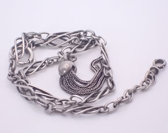 Antique French Pocket Watch Chain Fancy Link Solid Silver Hallmarked With Tassel Fob