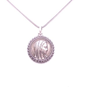 Vintage Virgin Mary Religious Pendant Charm Marcasite Necklace Chain Medallion Medal Lourdes French Silver Hallmark