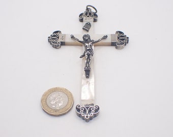 Antique Cross Crucifix Pendant Charm French  Silver Communion Gift large 1882 Mother Of Pearl