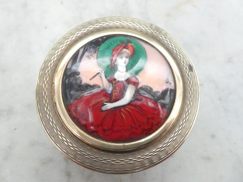 Rare Jewlery Trinket Powder Box Crinoline Lady GAMET Antique Enamel Hand Painted