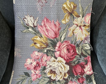 Lovely vintage bark cloth remnant, roses on dusty blue