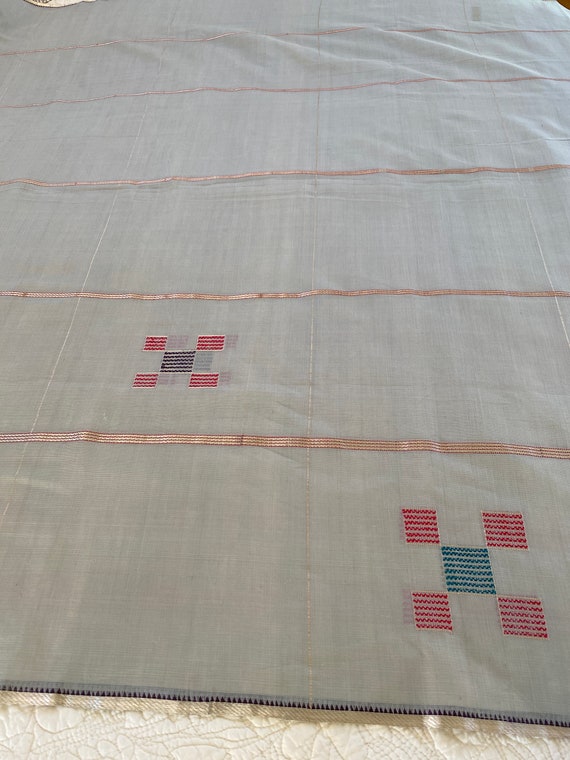 Vintage cotton Indian sari, sage green with red, … - image 4