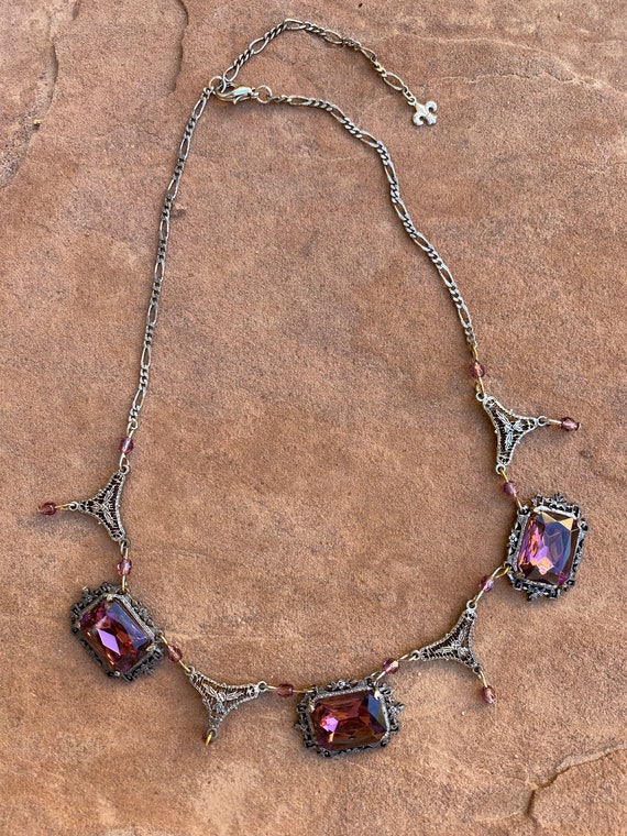Necklace, Vintage Metal and Mauve Stone