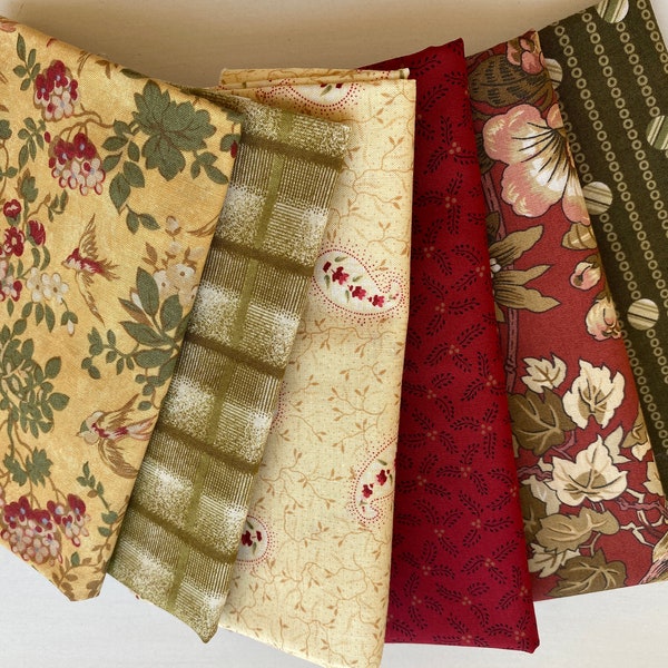 Vintage 19th Century reproduction cotton print fat quarter bundle, red, green and gold