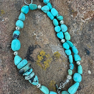 Turquoise bead necklace, pale blue green vintage stones with sterling silver beads