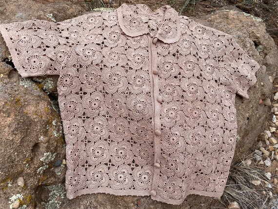 Vintage hand crocheted cotton jacket, ashes of ro… - image 1