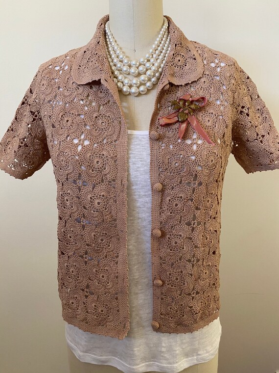 Vintage hand crocheted cotton jacket, ashes of ro… - image 2