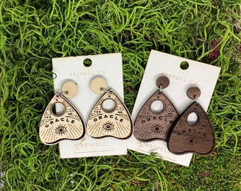 Handcrafted Ouija Planchet Earrings - Maple or Walnut Laser Engraved - 2.25" Nickel-Free Hooks - Bespell & Co.
