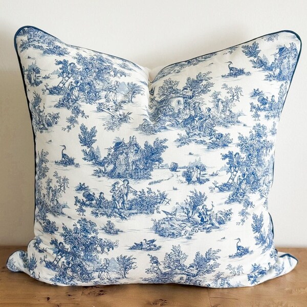 Waverly French Toile Throw Pillow – Blue & Yellow Pastoral Scene With Musicians, Dancers, Rooster & Birds