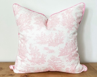 Pink & White Toile De Jouy Pillow Cover, French Country Grandmillenial Farmhouse, Decorative Accent Throw Waverly Pastoral Toile Shower Gift