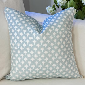 Danika Herrick Blue Tiny Palms Block Print Pillow Cover - Grandmillennial Coastal Decor